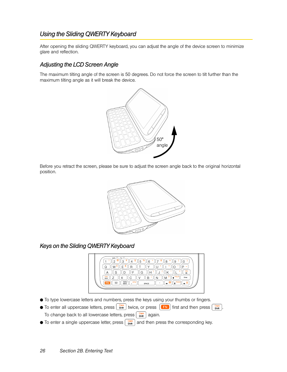 Using the sliding qwerty keyboard, Adjusting the lcd screen angle, Keys on the sliding qwerty keyboard | HTC Pro2 User Manual | Page 36 / 234