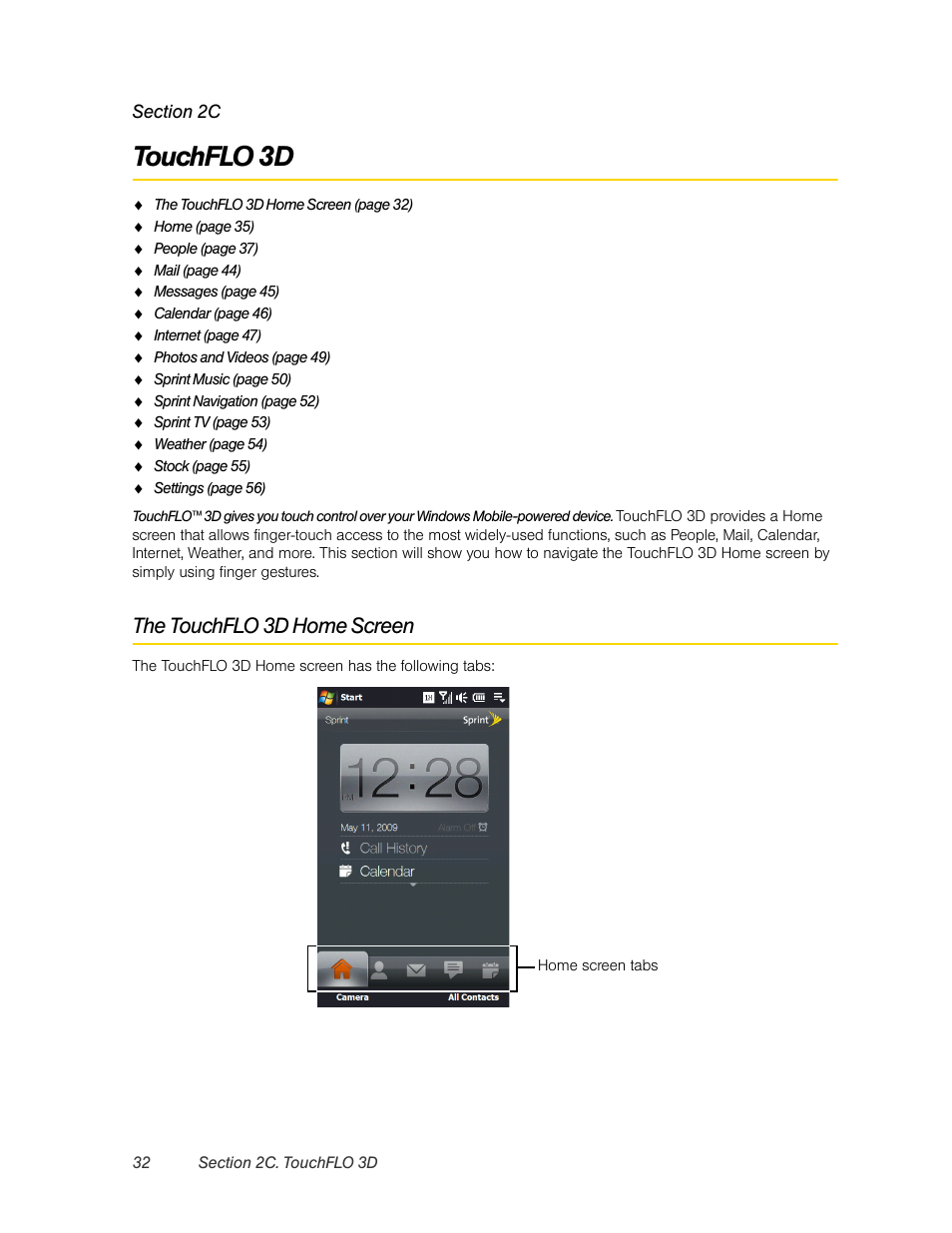 Touchflo 3d, The touchflo 3d home screen, 2c. touchflo 3d | HTC Pro2 User Manual | Page 42 / 234