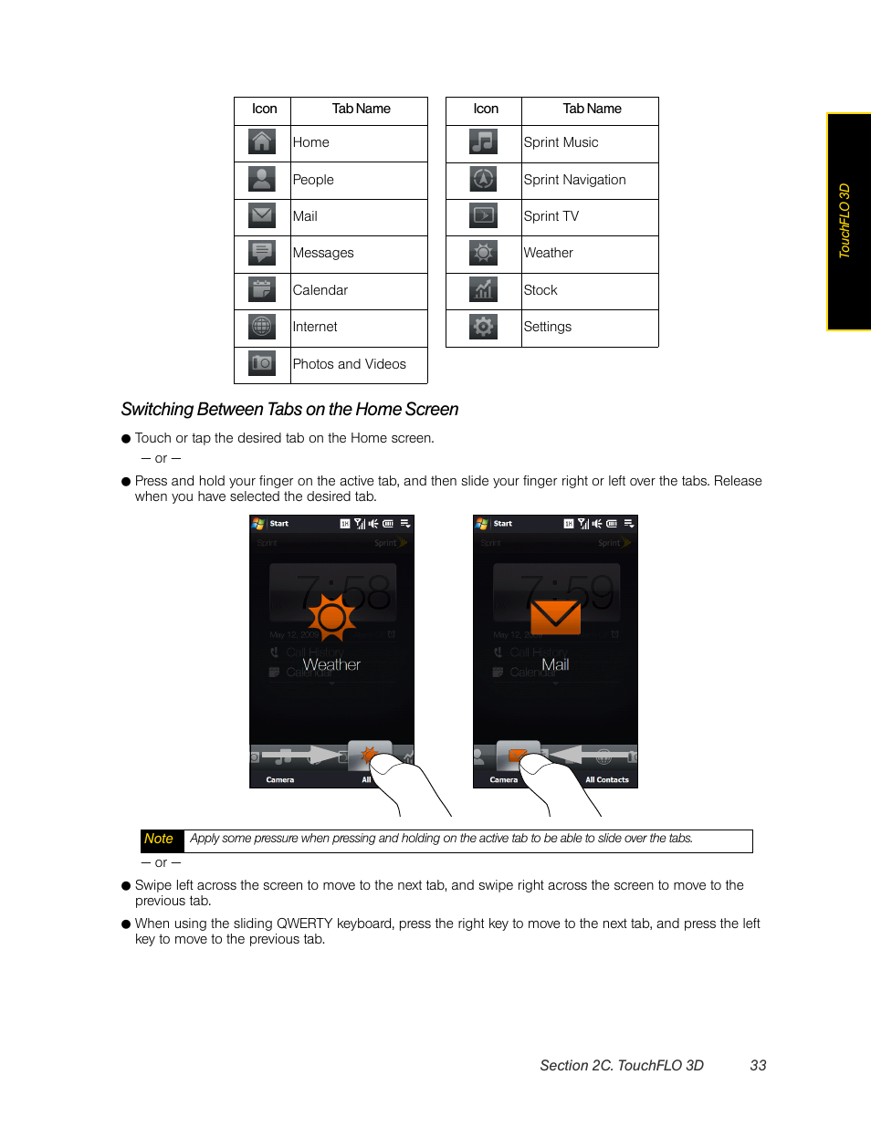 Switching between tabs on the home screen | HTC Pro2 User Manual | Page 43 / 234