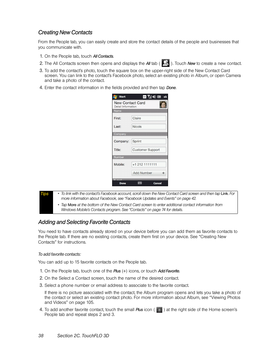 Creating new contacts, Adding and selecting favorite contacts | HTC Pro2 User Manual | Page 48 / 234