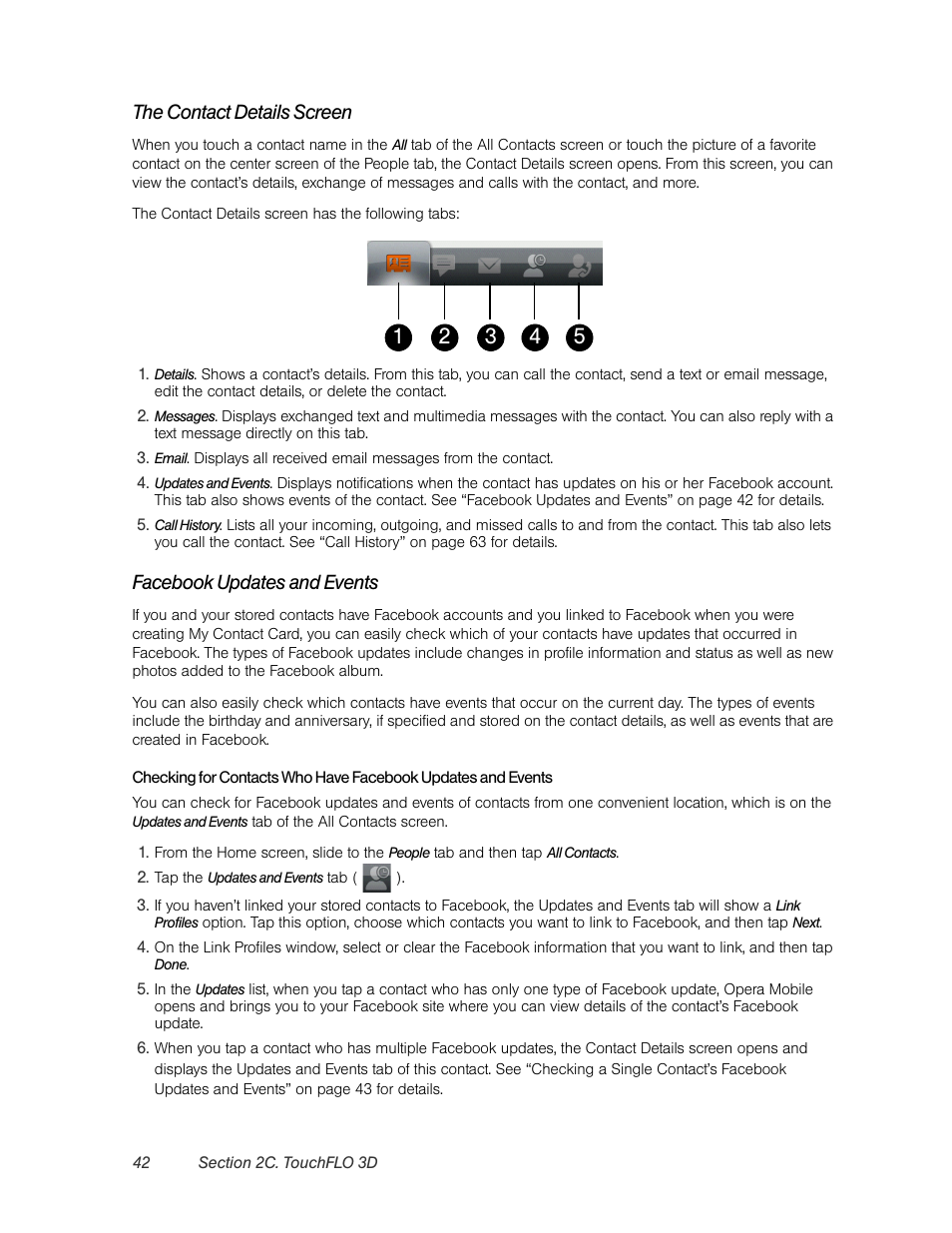 The contact details screen, Facebook updates and events | HTC Pro2 User Manual | Page 52 / 234
