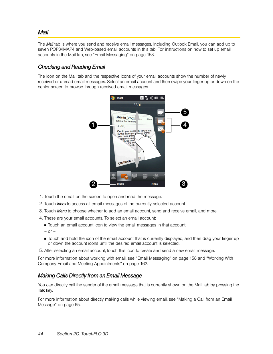 Mail, Checking and reading email, Making calls directly from an email message | HTC Pro2 User Manual | Page 54 / 234
