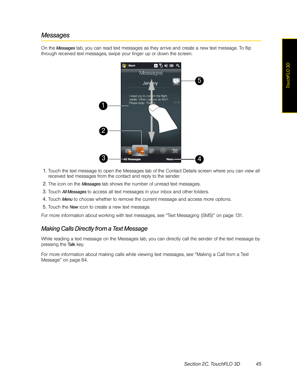 Messages, Making calls directly from a text message | HTC Pro2 User Manual | Page 55 / 234