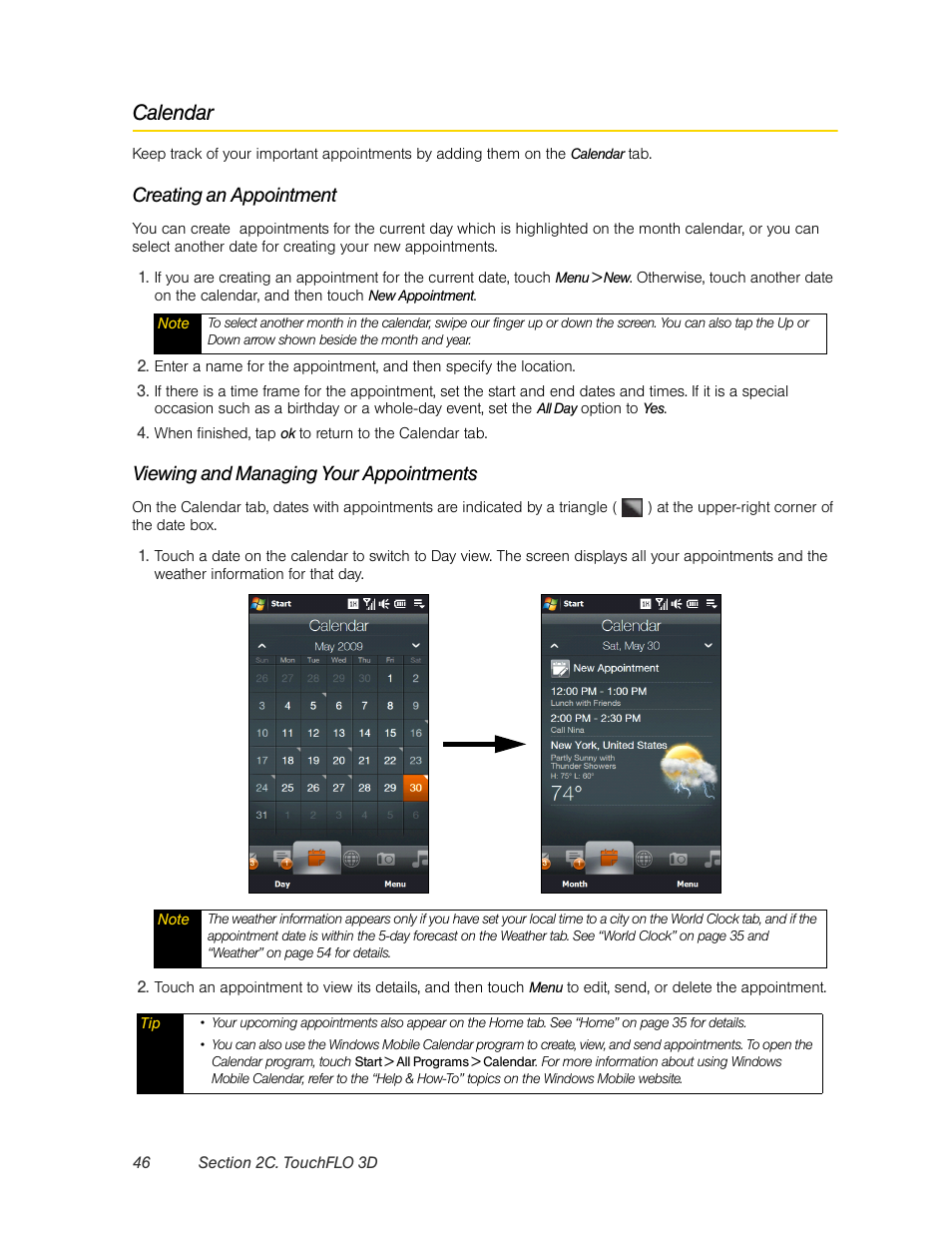 Calendar, Creating an appointment, Viewing and managing your appointments | HTC Pro2 User Manual | Page 56 / 234