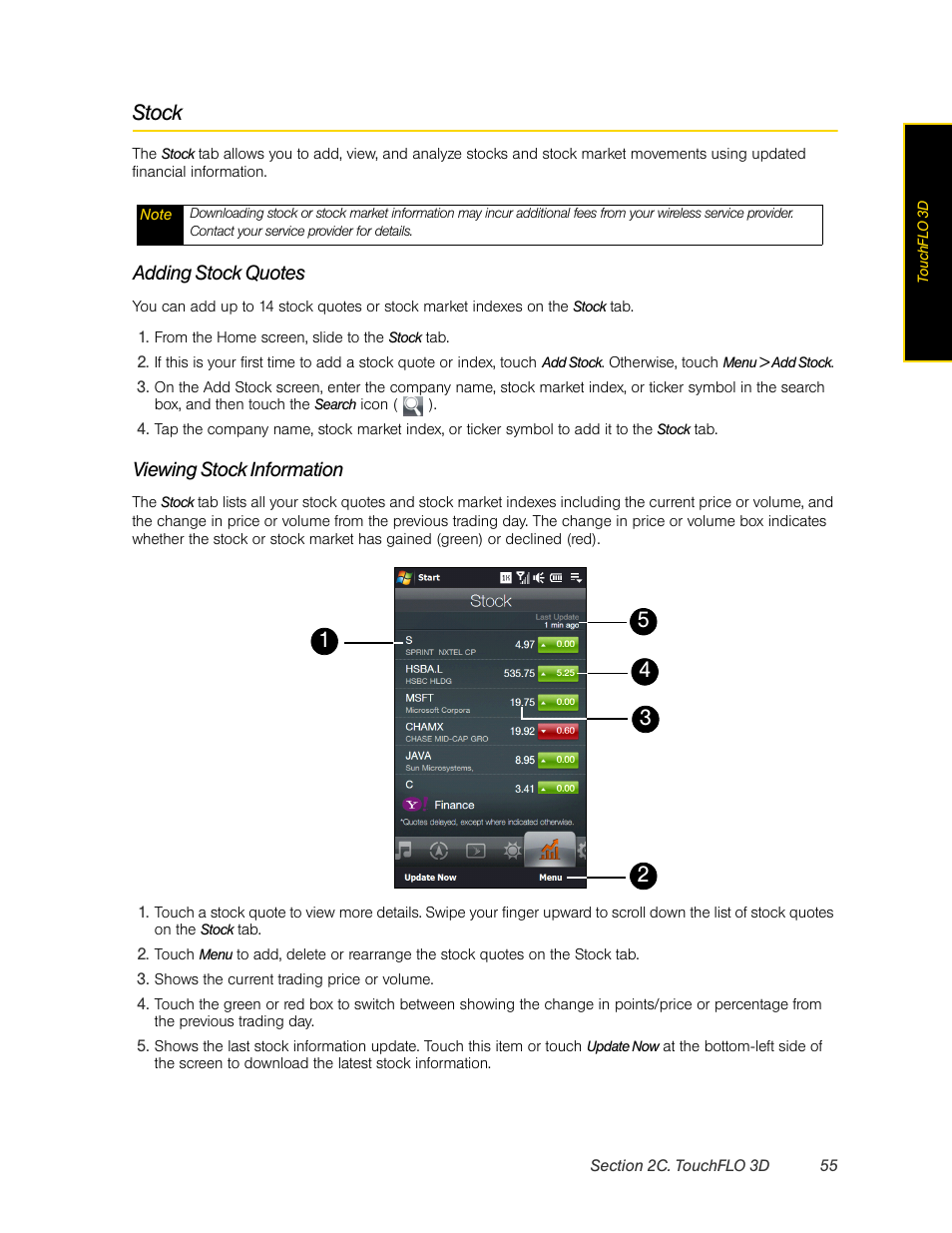 Stock, Adding stock quotes, Viewing stock information | HTC Pro2 User Manual | Page 65 / 234