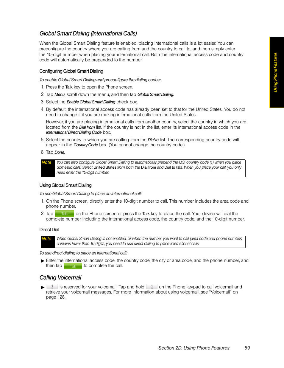 Global smart dialing (international calls), Calling voicemail | HTC Pro2 User Manual | Page 69 / 234