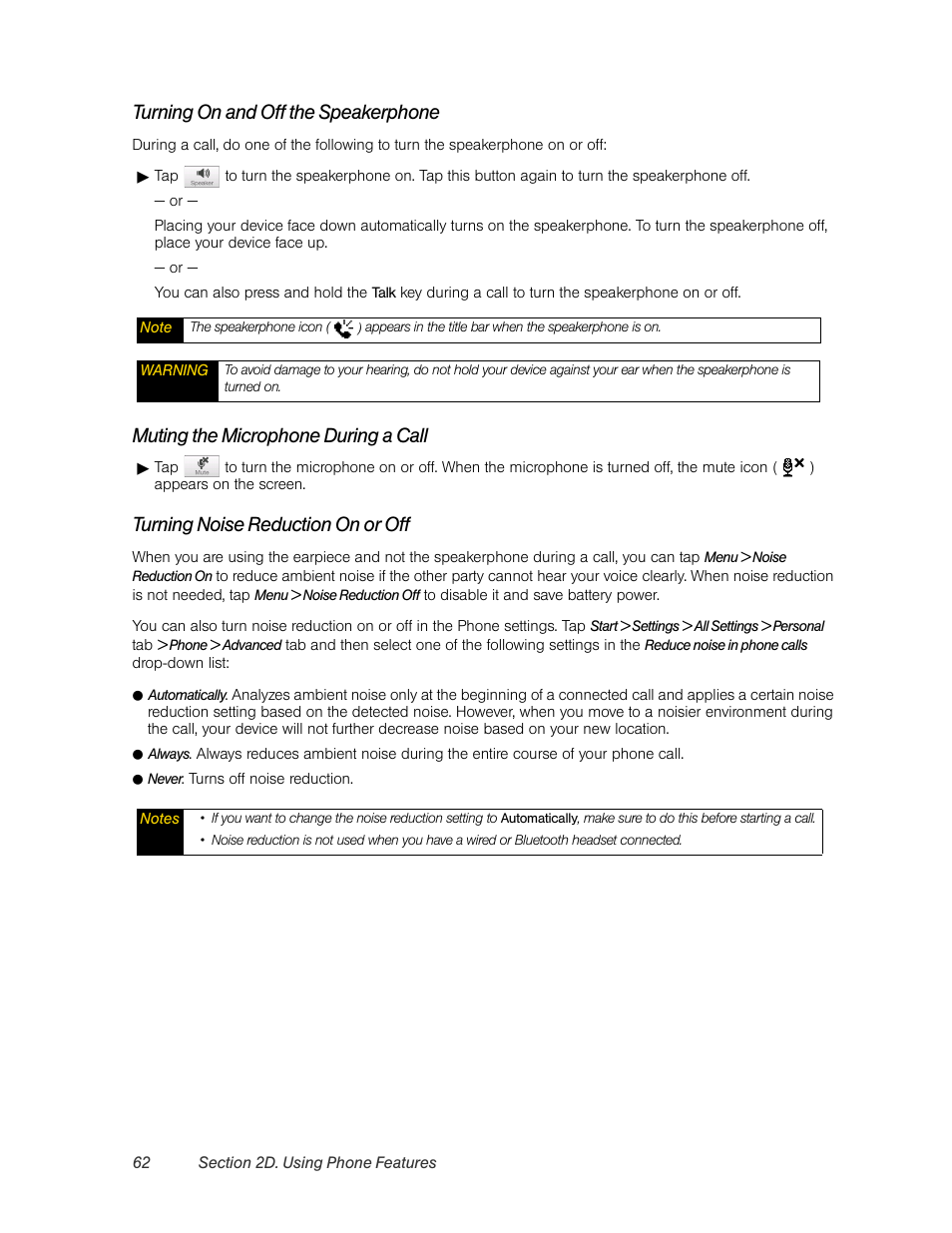 Turning on and off the speakerphone, Muting the microphone during a call, Turning noise reduction on or off | HTC Pro2 User Manual | Page 72 / 234