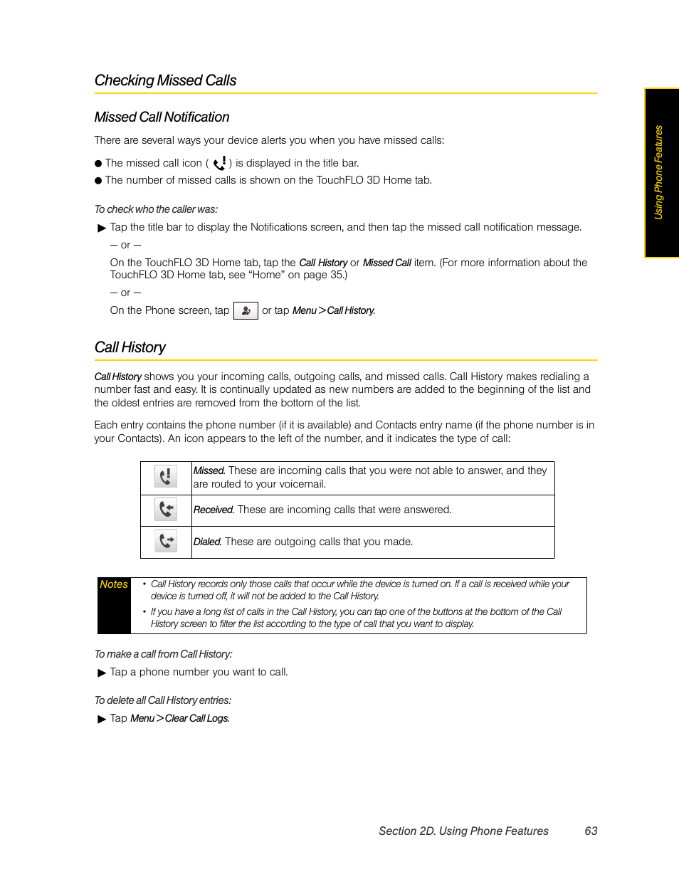 Checking missed calls, Call history, Missed call notification | HTC Pro2 User Manual | Page 73 / 234