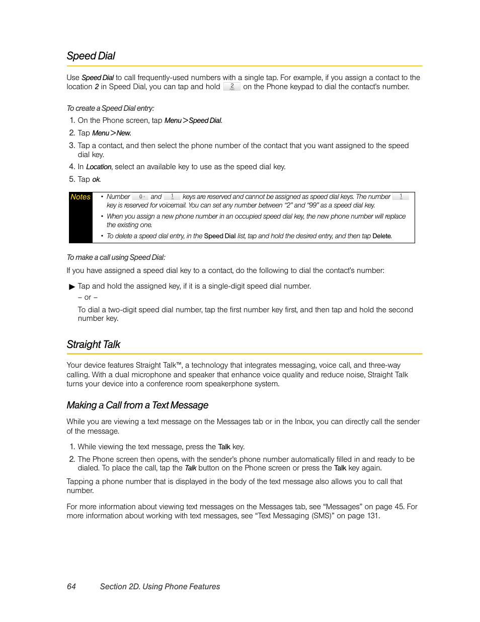 Speed dial, Straight talk, Making a call from a text message | HTC Pro2 User Manual | Page 74 / 234