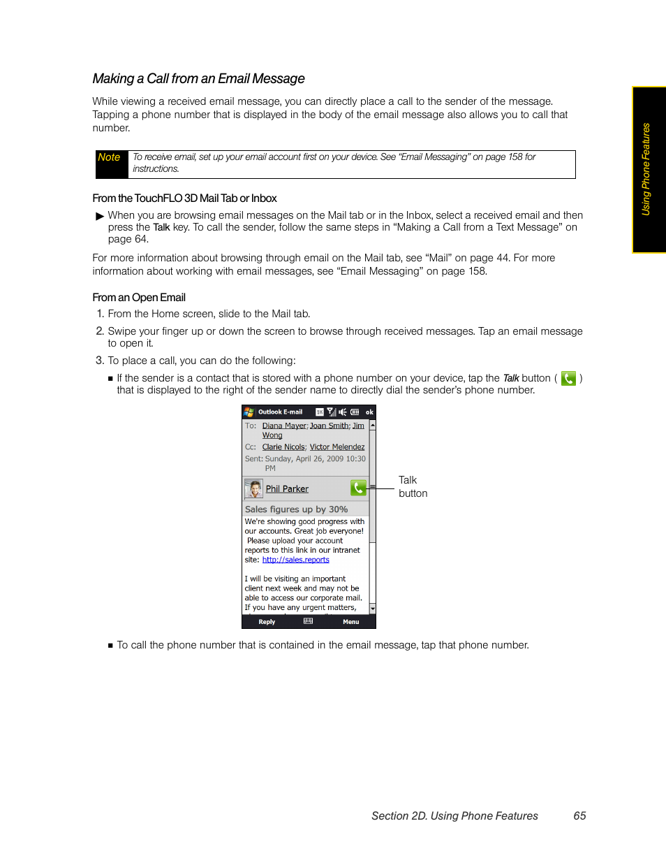 Making a call from an email message | HTC Pro2 User Manual | Page 75 / 234
