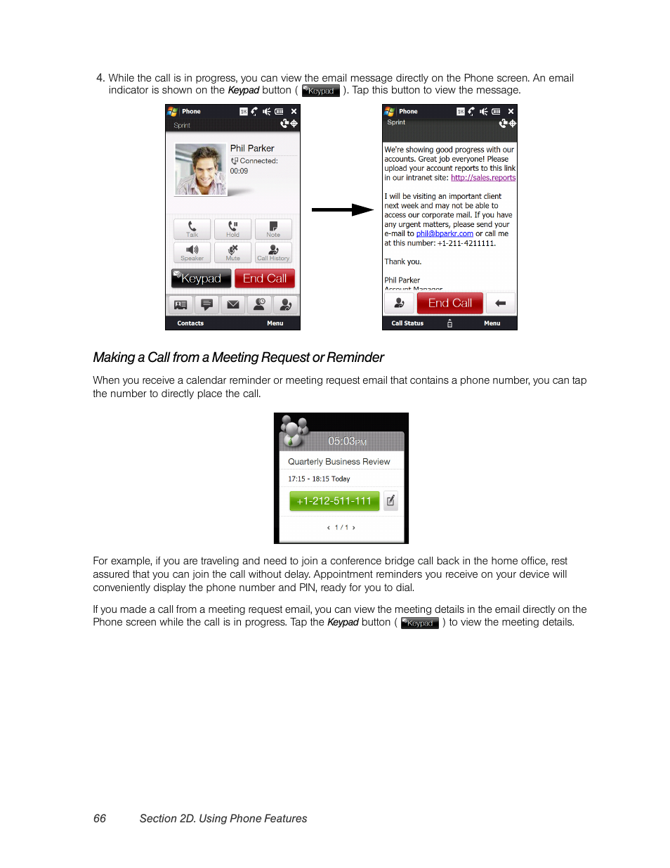 Making a call from a meeting request or reminder | HTC Pro2 User Manual | Page 76 / 234