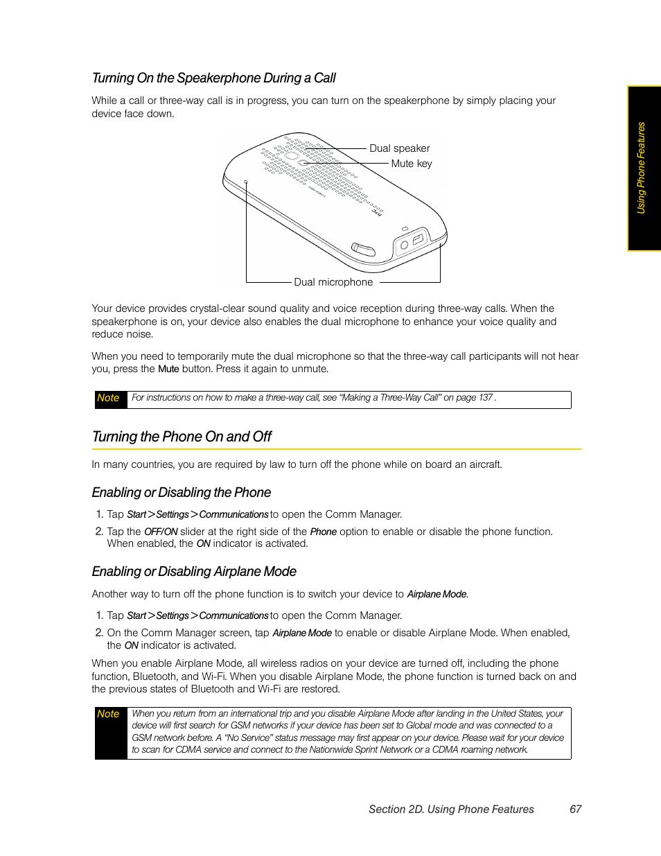 Turning the phone on and off, Turning on the speakerphone during a call, Enabling or disabling the phone | Enabling or disabling airplane mode | HTC Pro2 User Manual | Page 77 / 234