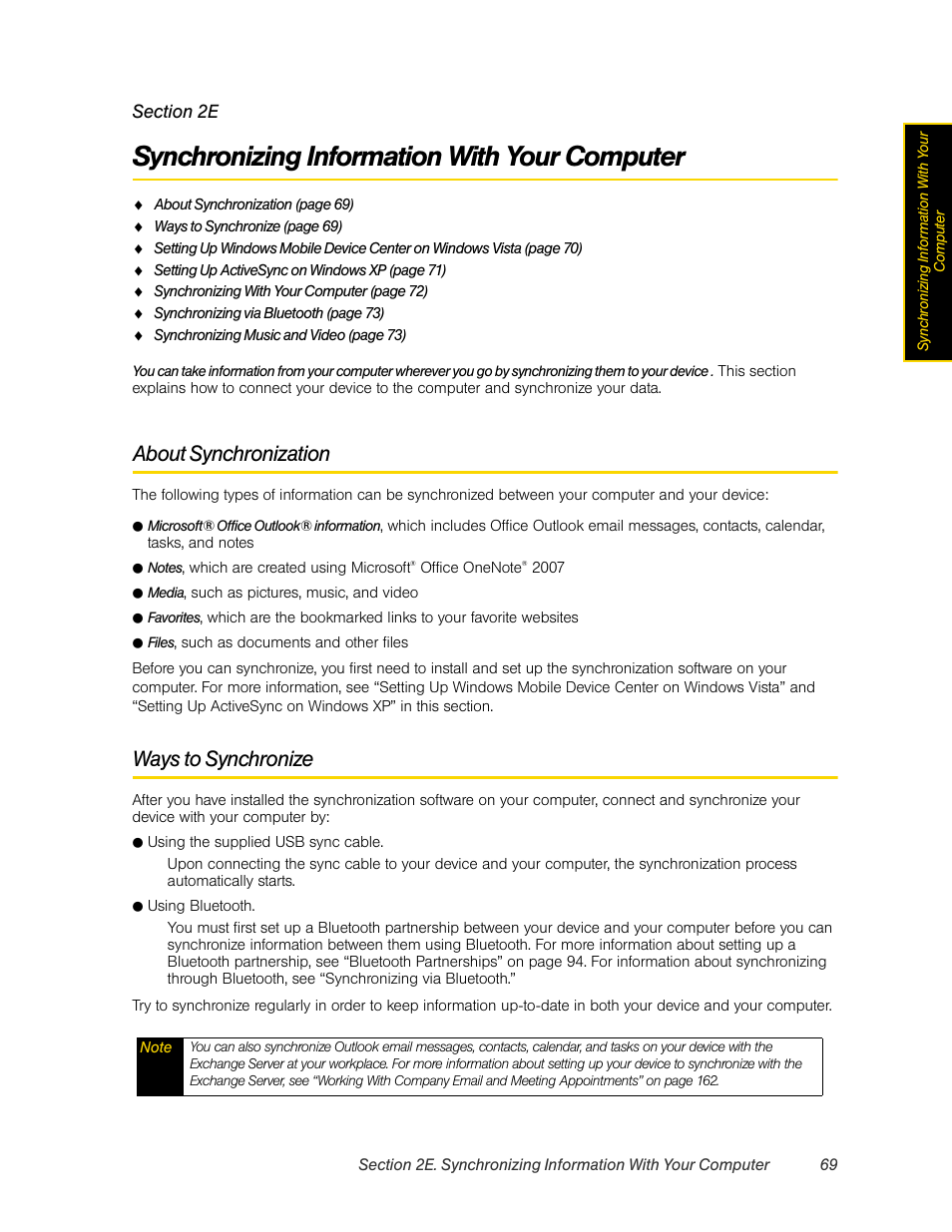 Synchronizing information with your computer, About synchronization, Ways to synchronize | 2e. synchronizing information with your computer | HTC Pro2 User Manual | Page 79 / 234