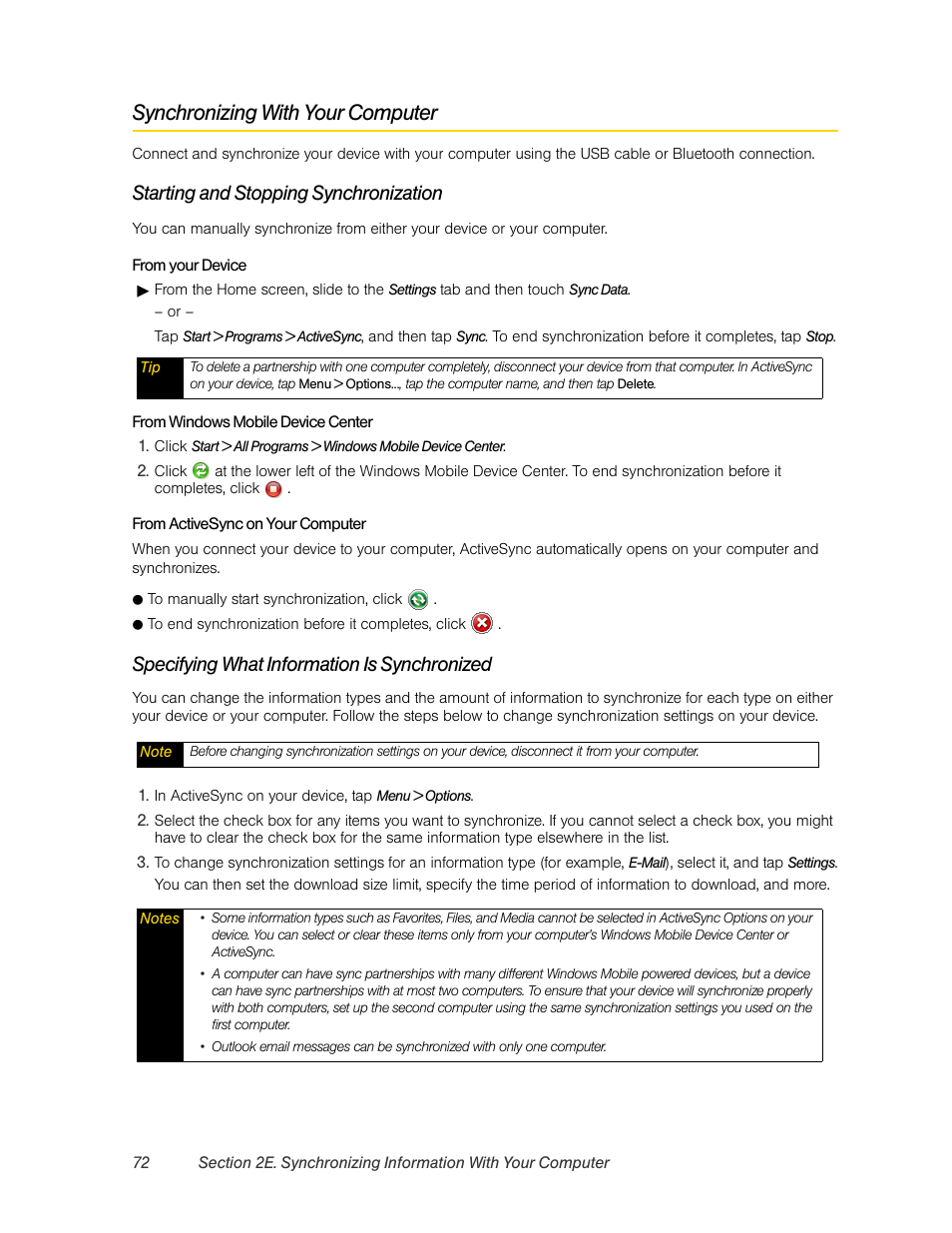 Synchronizing with your computer, Starting and stopping synchronization, Specifying what information is synchronized | HTC Pro2 User Manual | Page 82 / 234