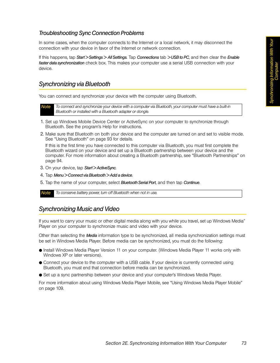Synchronizing via bluetooth, Synchronizing music and video, Troubleshooting sync connection problems | HTC Pro2 User Manual | Page 83 / 234