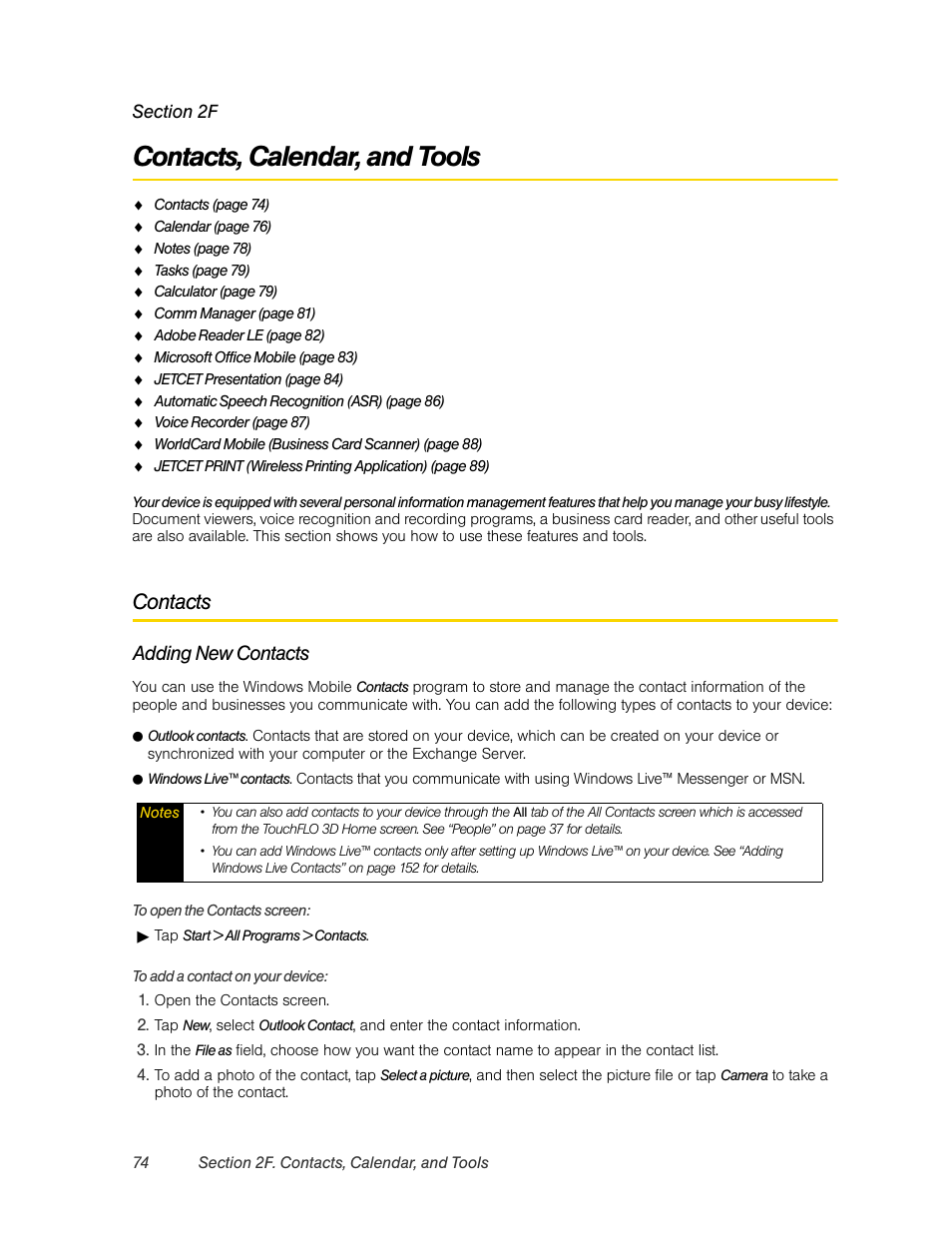 Contacts, calendar, and tools, Contacts, 2f. contacts, calendar, and tools | Adding new contacts | HTC Pro2 User Manual | Page 84 / 234