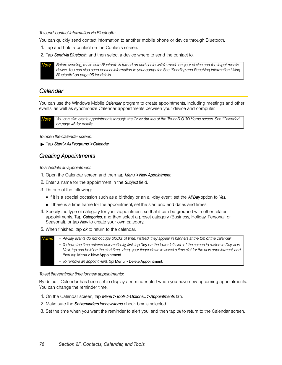 Calendar, Creating appointments | HTC Pro2 User Manual | Page 86 / 234