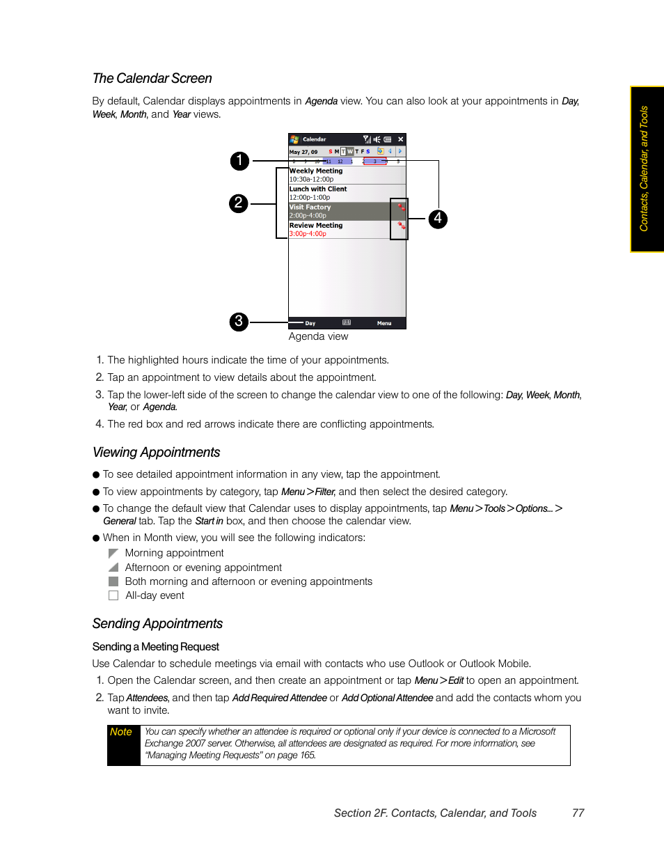 The calendar screen, Viewing appointments, Sending appointments | HTC Pro2 User Manual | Page 87 / 234