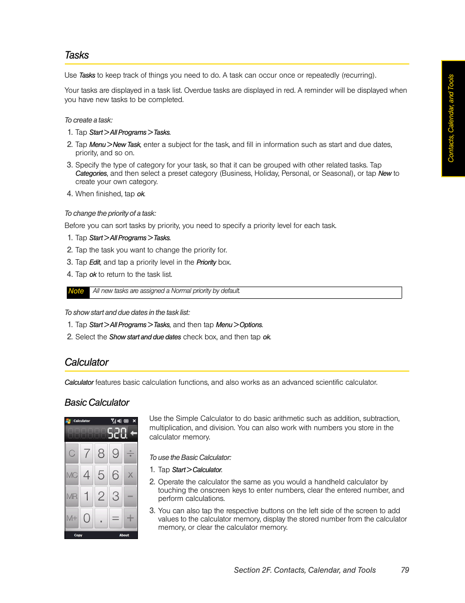 Tasks, Calculator, Basic calculator | HTC Pro2 User Manual | Page 89 / 234