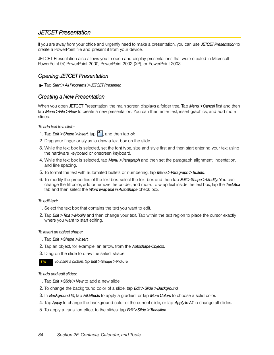 Jetcet presentation, Opening jetcet presentation, Creating a new presentation | HTC Pro2 User Manual | Page 94 / 234