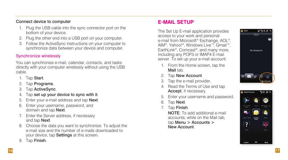 E-mail setup | HTC Touch Pro2 TM1630 User Manual | Page 10 / 31