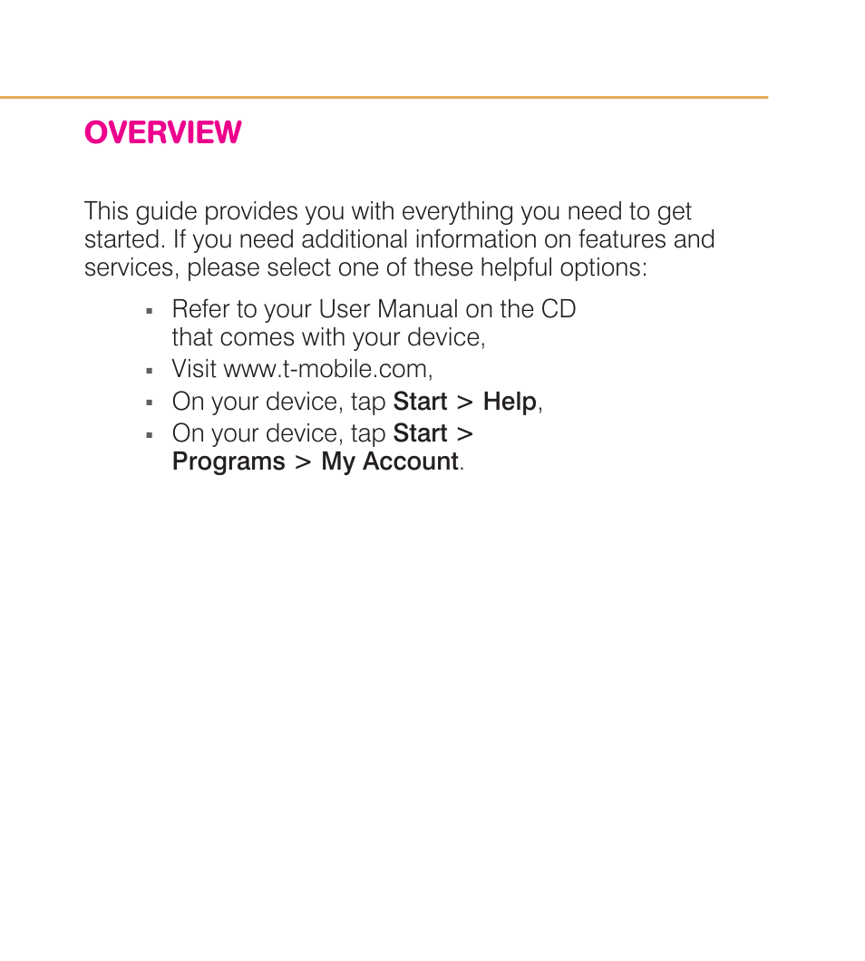 Overview, On your device, tap start > help, On your device, tap start > programs > my account | HTC Touch Pro2 TM1630 User Manual | Page 2 / 31