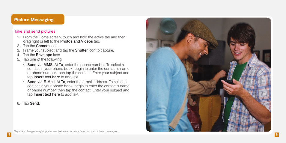 Picture messaging, Take and send pictures | HTC Touch Pro2 TM1630 User Manual | Page 22 / 31
