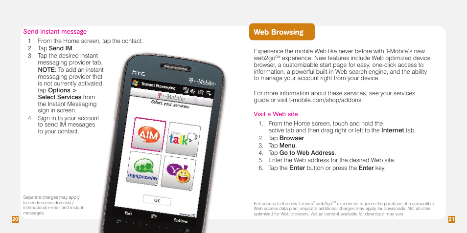 Web browsing, Send instant message, Visit a web site | Internet, Browser, Enter | HTC Touch Pro2 TM1630 User Manual | Page 28 / 31