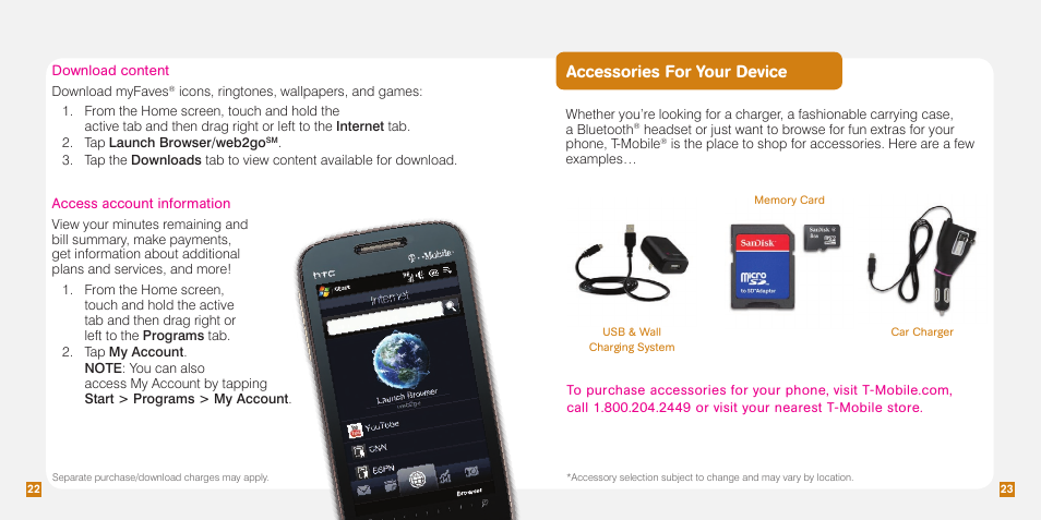 Accessories for your device, Download content, Access account information | HTC Touch Pro2 TM1630 User Manual | Page 29 / 31