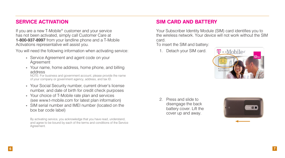 Service activation, Sim card and battery | HTC Touch Pro2 TM1630 User Manual | Page 5 / 31