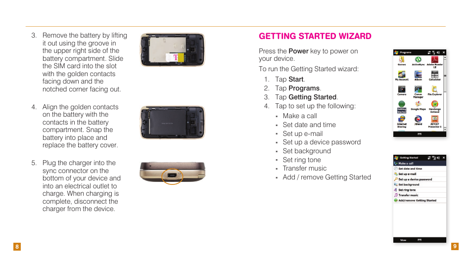 Getting started wizard, Make a call, Set date and time | Set up e-mail, Set up a device password, Set background, Set ring tone, Transfer music, Add / remove getting started | HTC Touch Pro2 TM1630 User Manual | Page 6 / 31