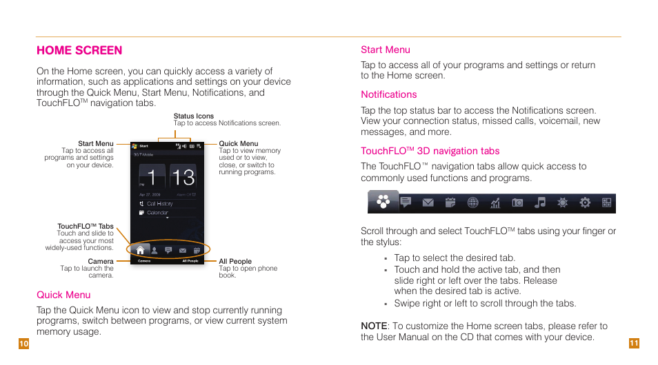 Home screen, Quick menu, Start menu | Notifications, Touchflo, 3d navigation tabs, Navigation tabs, Tabs using your finger or the stylus, Tap to select the desired tab | HTC Touch Pro2 TM1630 User Manual | Page 7 / 31