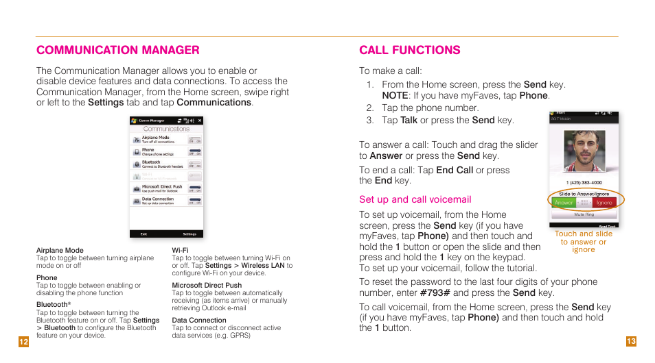 Communication manager, Call functions, Set up and call voicemail | HTC Touch Pro2 TM1630 User Manual | Page 8 / 31