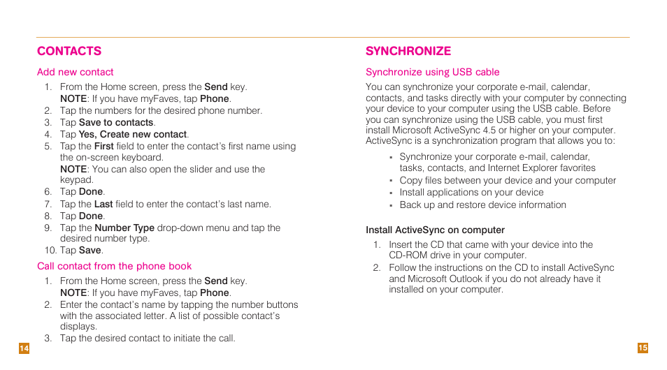 Contacts, Synchronize | HTC Touch Pro2 TM1630 User Manual | Page 9 / 31