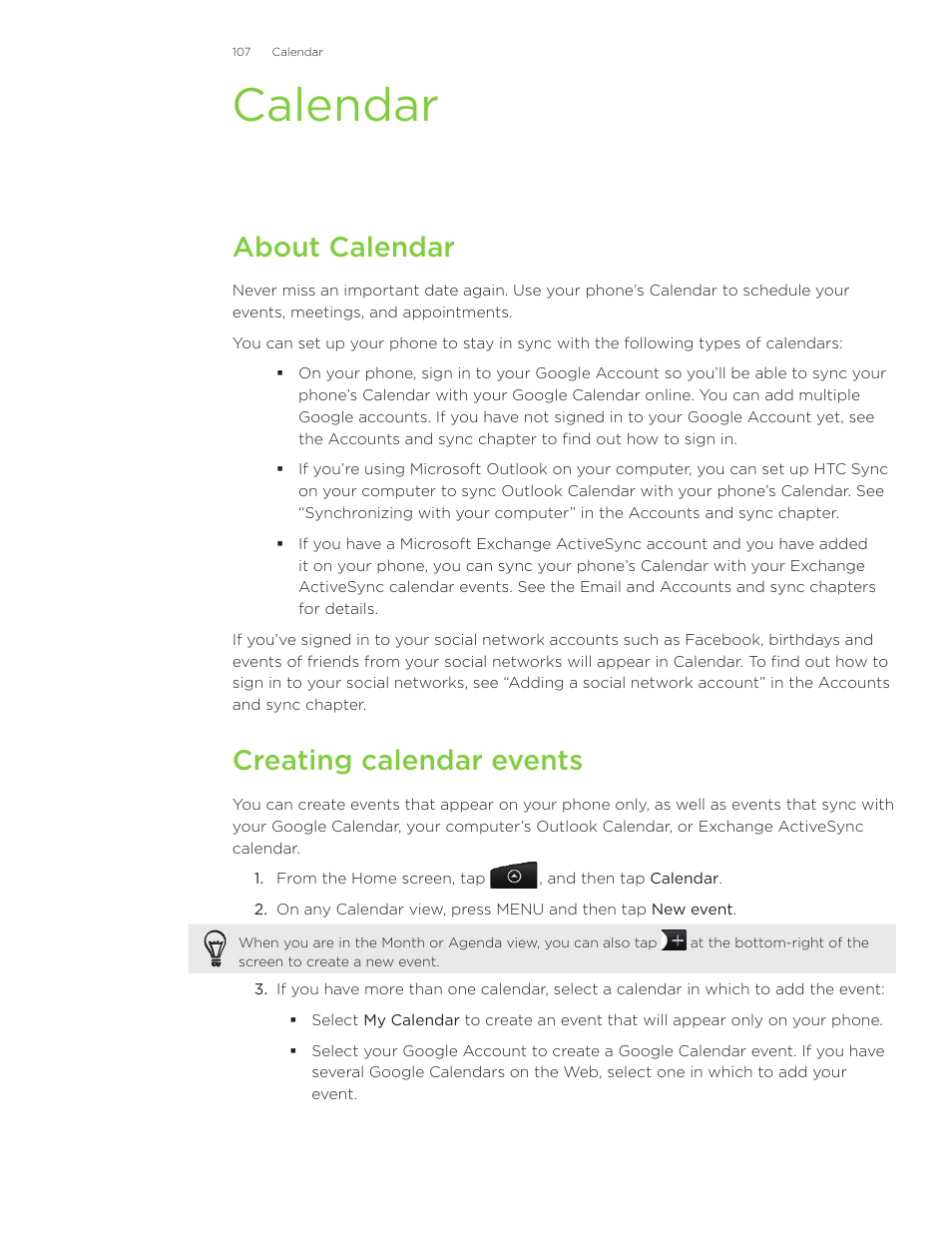 Calendar, About calendar, Creating calendar events | HTC Inspire 4G User Manual | Page 107 / 206