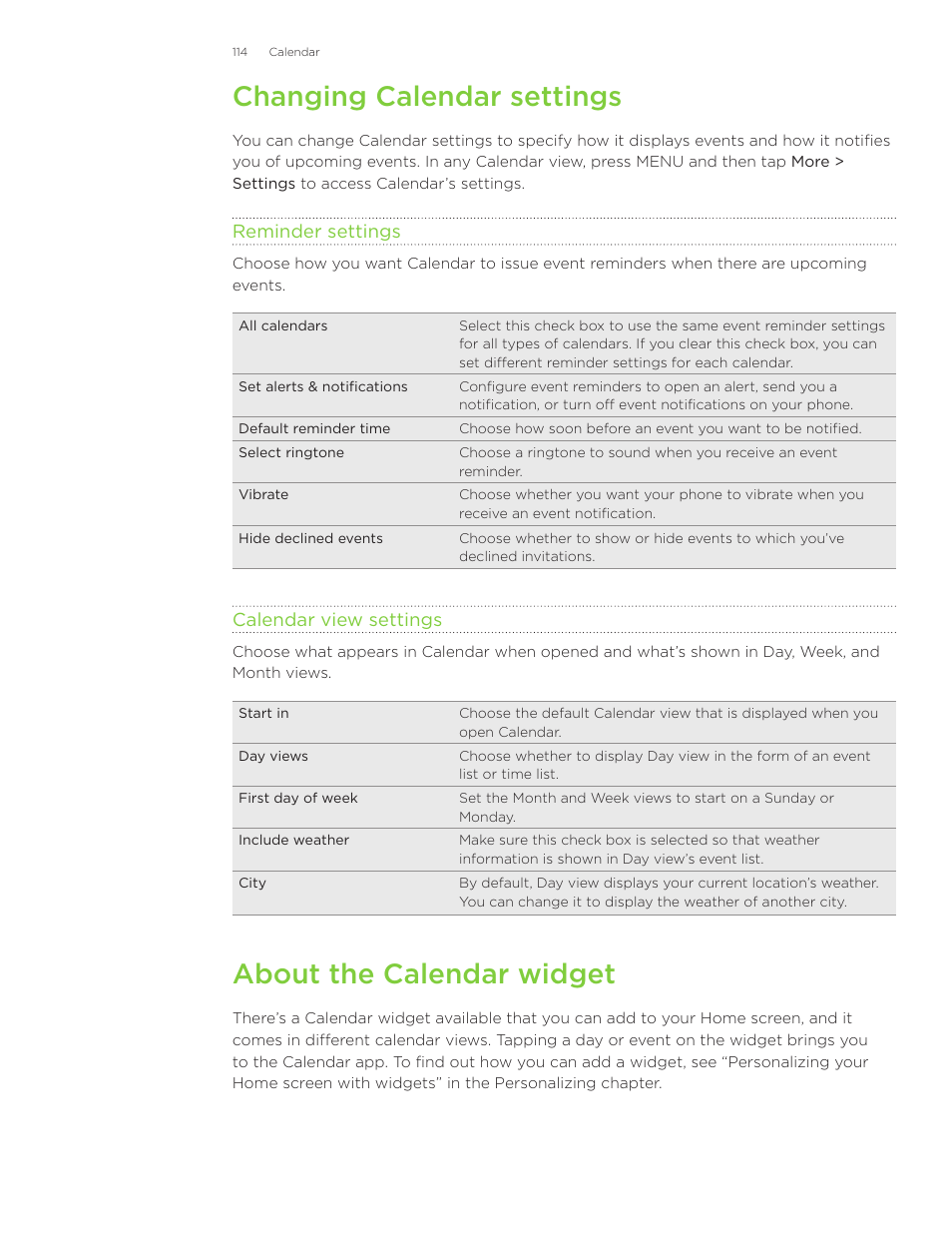 Changing calendar settings, About the calendar widget | HTC Inspire 4G User Manual | Page 114 / 206