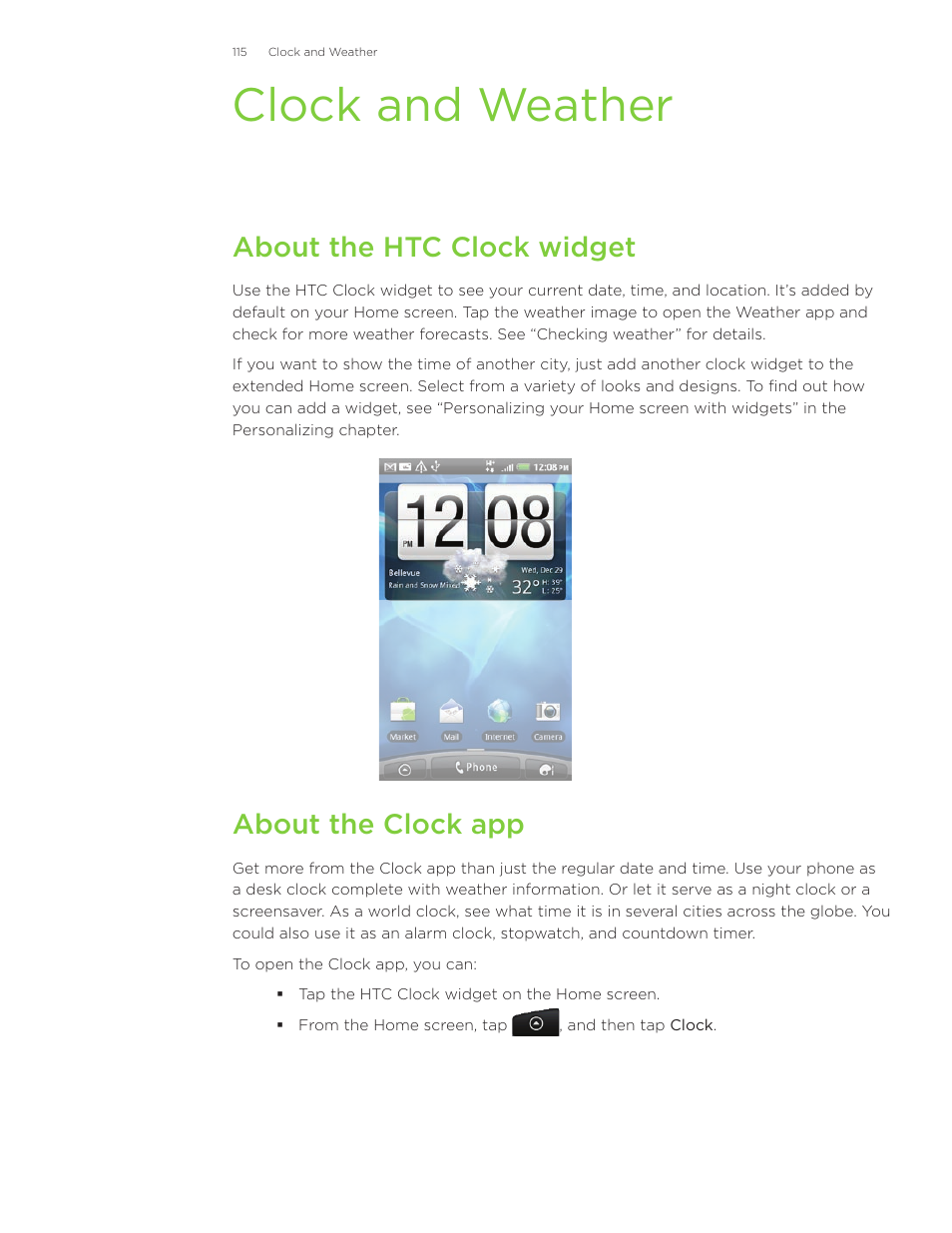 Clock and weather, About the htc clock widget, About the clock app | HTC Inspire 4G User Manual | Page 115 / 206