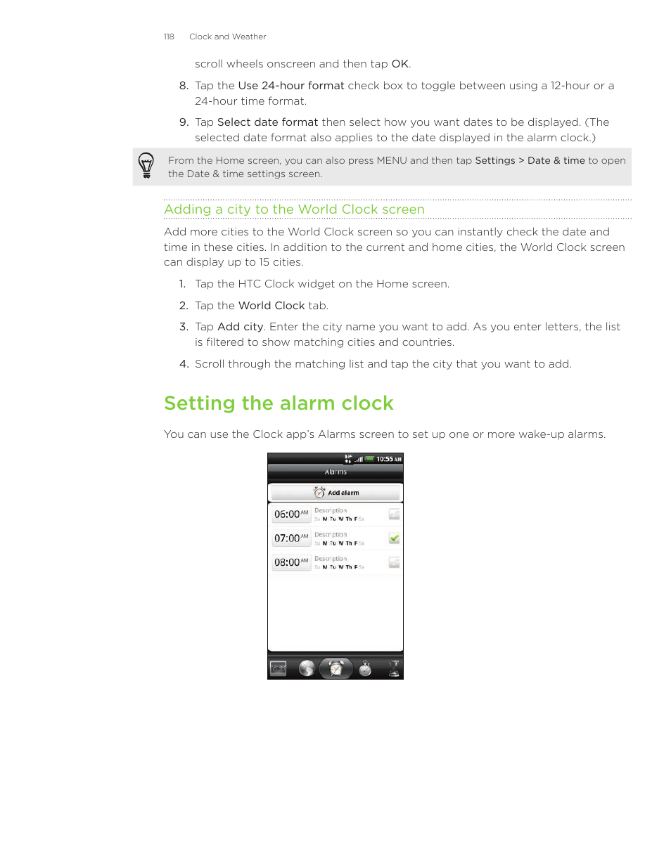 Setting the alarm clock | HTC Inspire 4G User Manual | Page 118 / 206