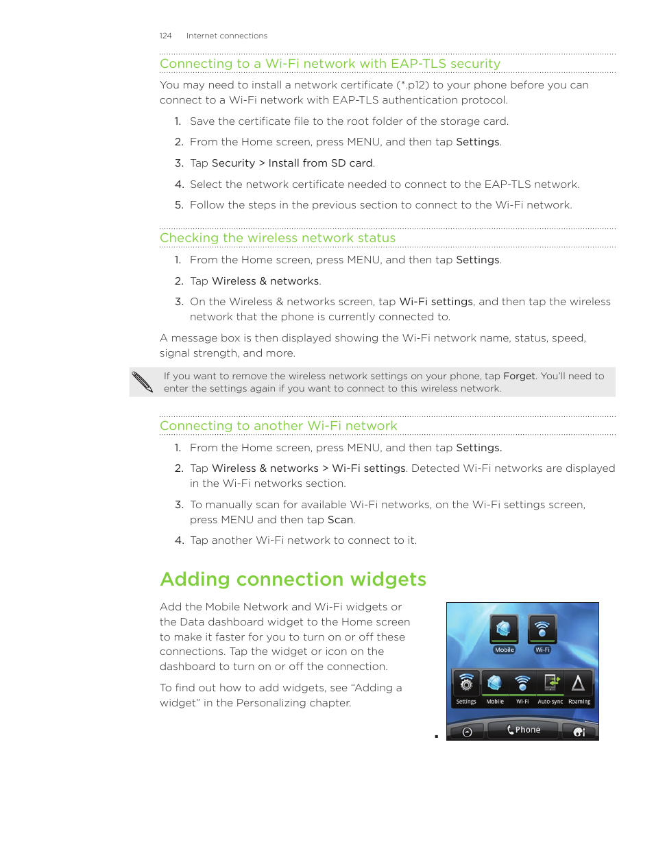 Adding connection widgets | HTC Inspire 4G User Manual | Page 124 / 206