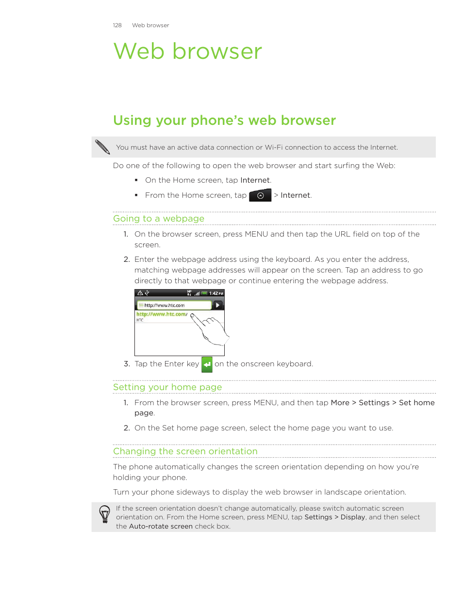 Web browser, Using your phone’s web browser | HTC Inspire 4G User Manual | Page 128 / 206