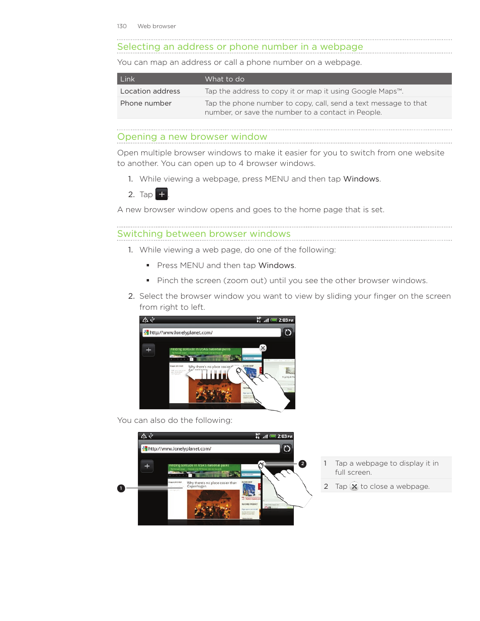 Selecting an address or phone number in a webpage, Opening a new browser window, Switching between browser windows | HTC Inspire 4G User Manual | Page 130 / 206