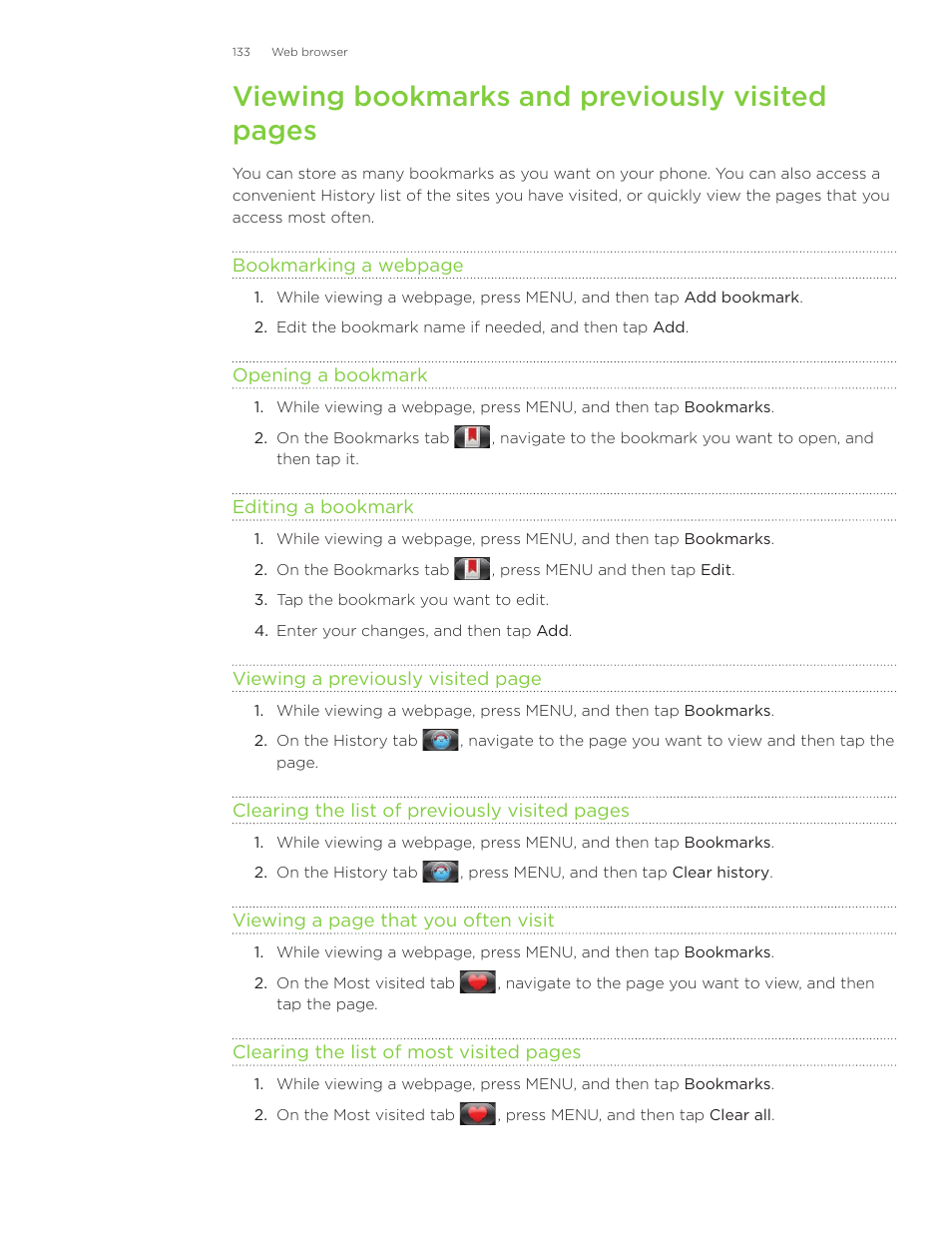 Viewing bookmarks and previously visited pages | HTC Inspire 4G User Manual | Page 133 / 206