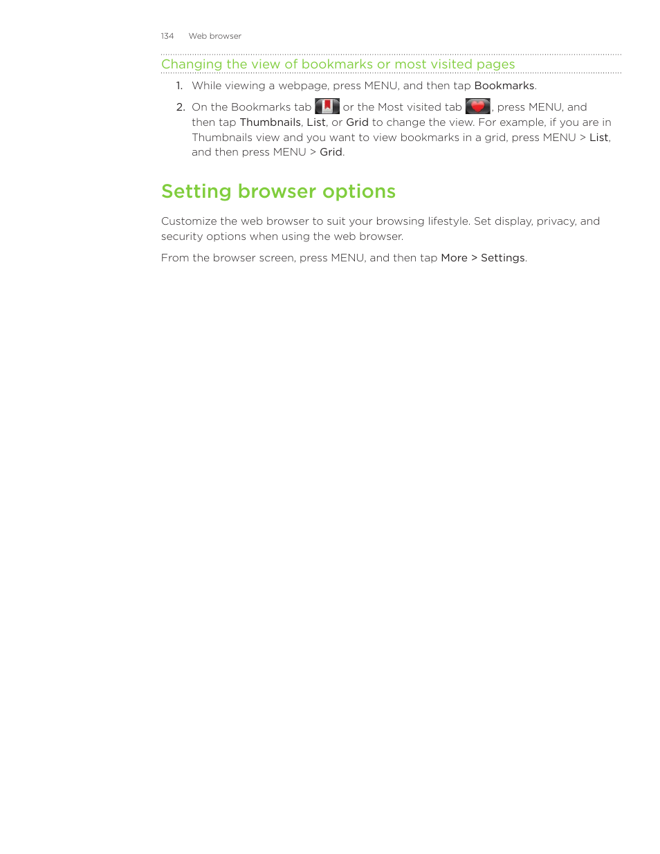Setting browser options | HTC Inspire 4G User Manual | Page 134 / 206