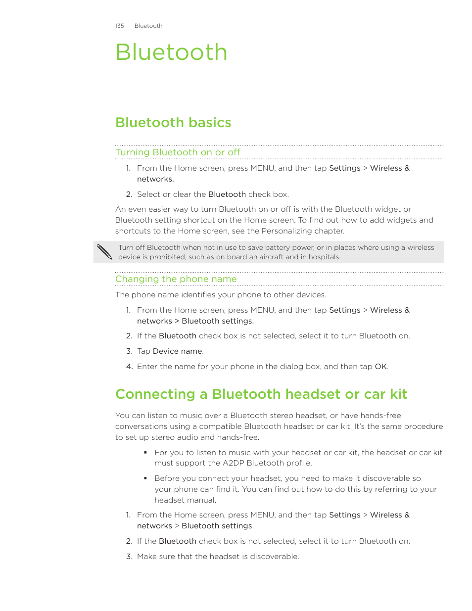 Bluetooth, Bluetooth basics, Connecting a bluetooth headset or car kit | HTC Inspire 4G User Manual | Page 135 / 206