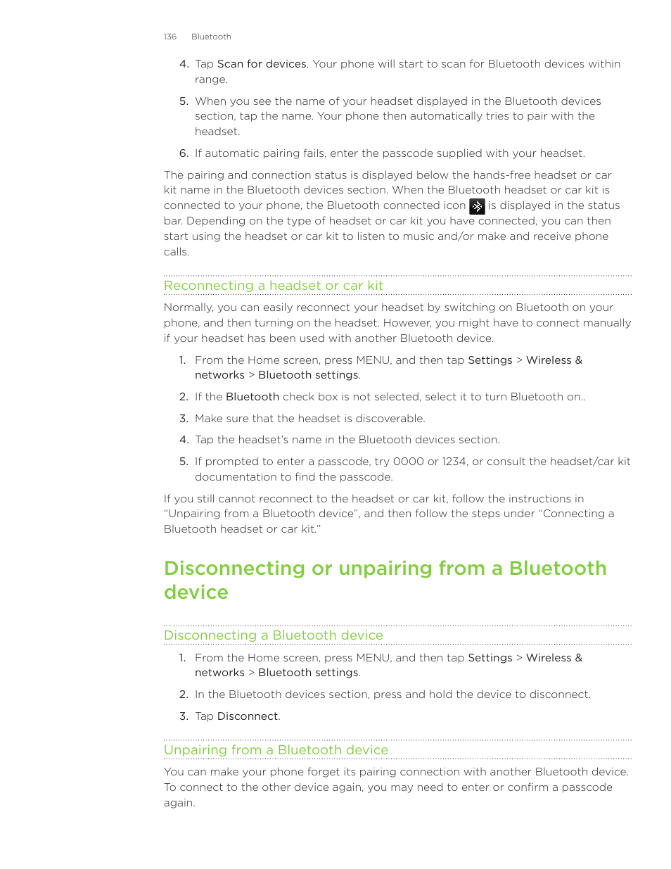 Disconnecting or unpairing from a bluetooth device | HTC Inspire 4G User Manual | Page 136 / 206