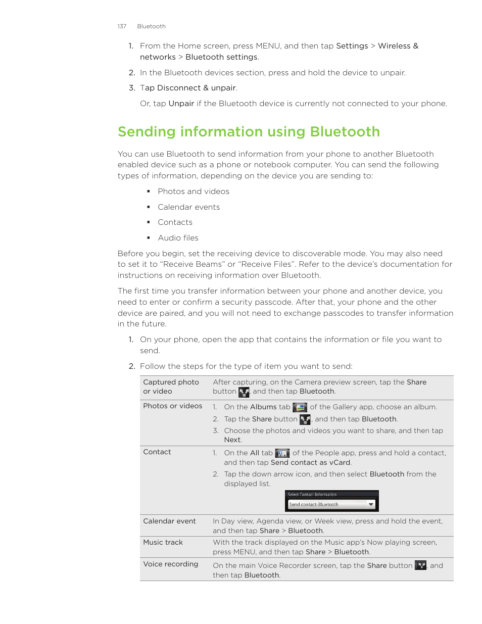 Sending information using bluetooth | HTC Inspire 4G User Manual | Page 137 / 206