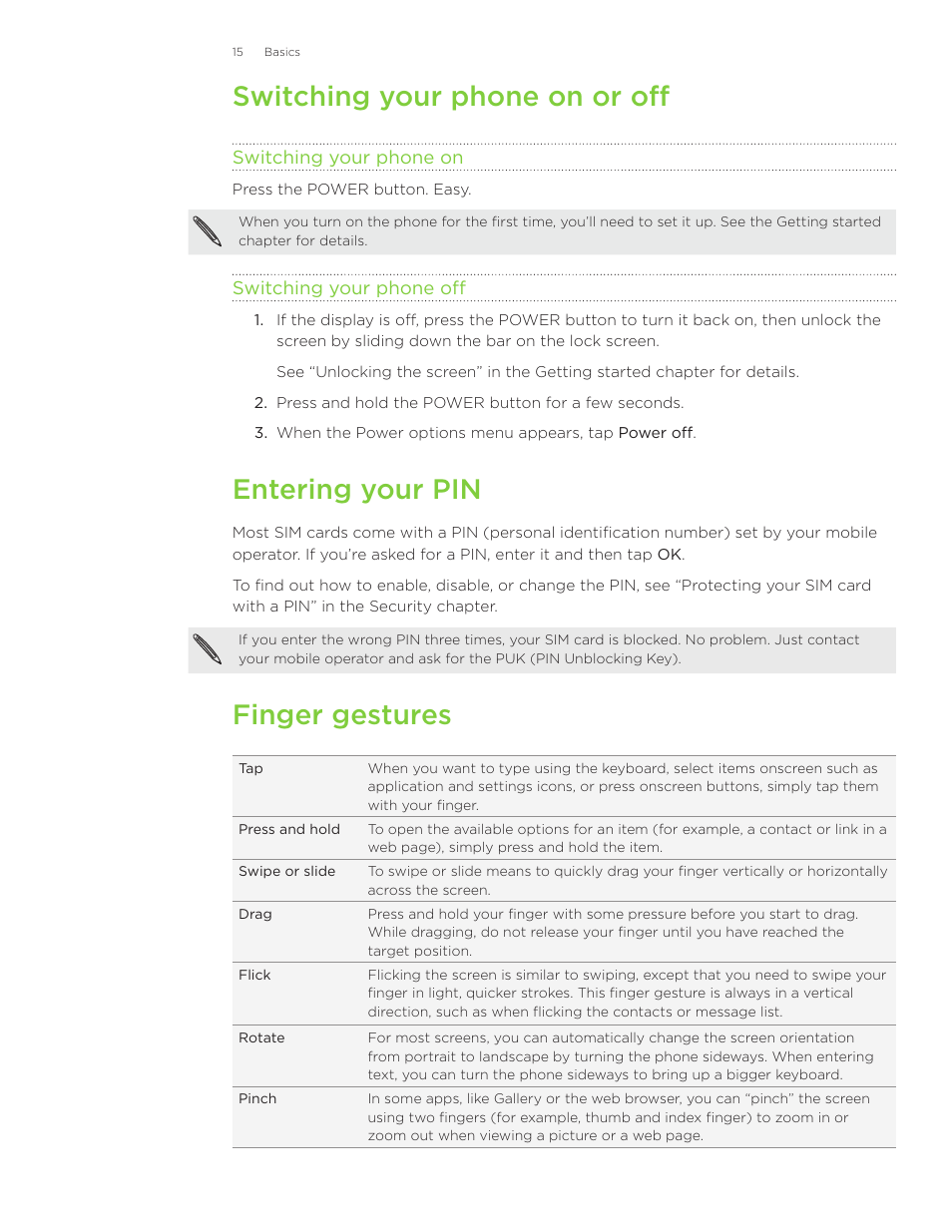 Switching your phone on or off, Entering your pin, Finger gestures | HTC Inspire 4G User Manual | Page 15 / 206