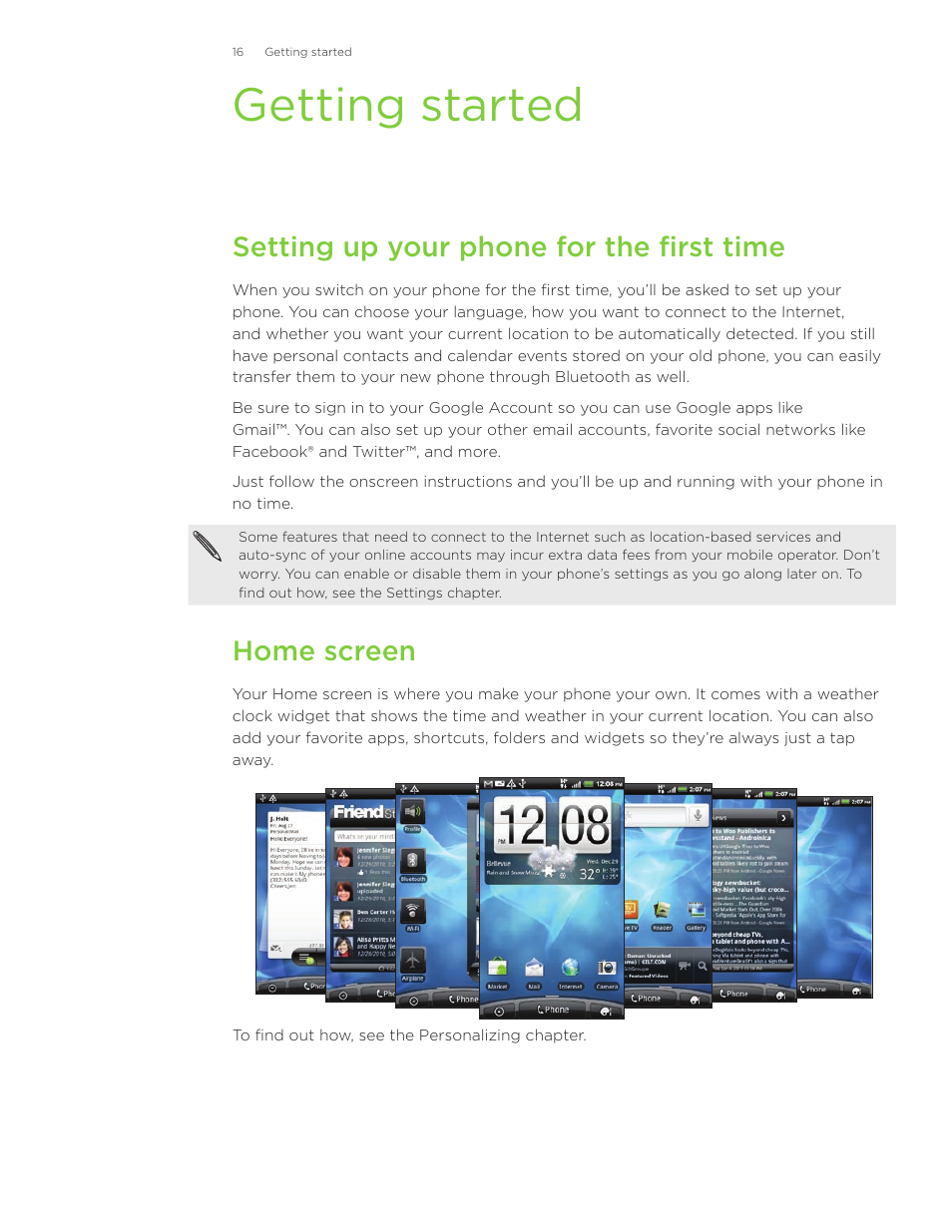 Getting started, Setting up your phone for the first time, Home screen | HTC Inspire 4G User Manual | Page 16 / 206
