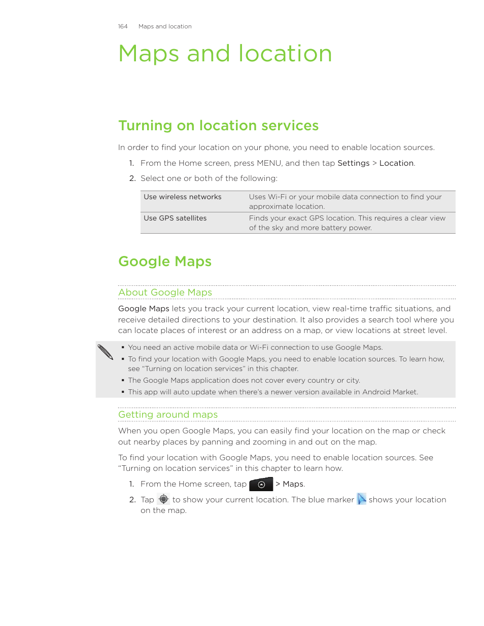 Maps and location, Turning on location services, Google maps | HTC Inspire 4G User Manual | Page 164 / 206