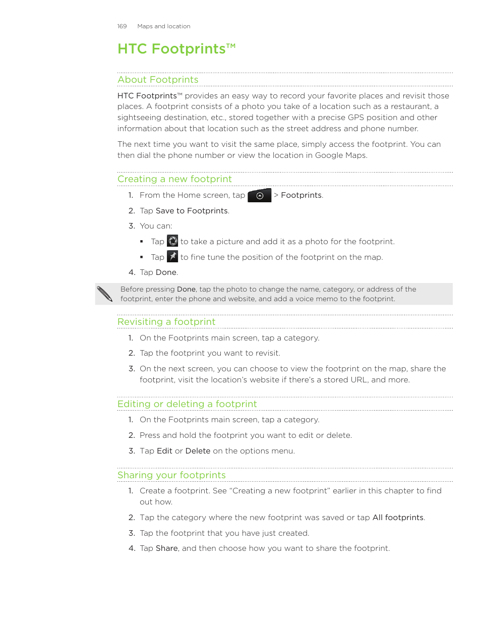 Htc footprints | HTC Inspire 4G User Manual | Page 169 / 206